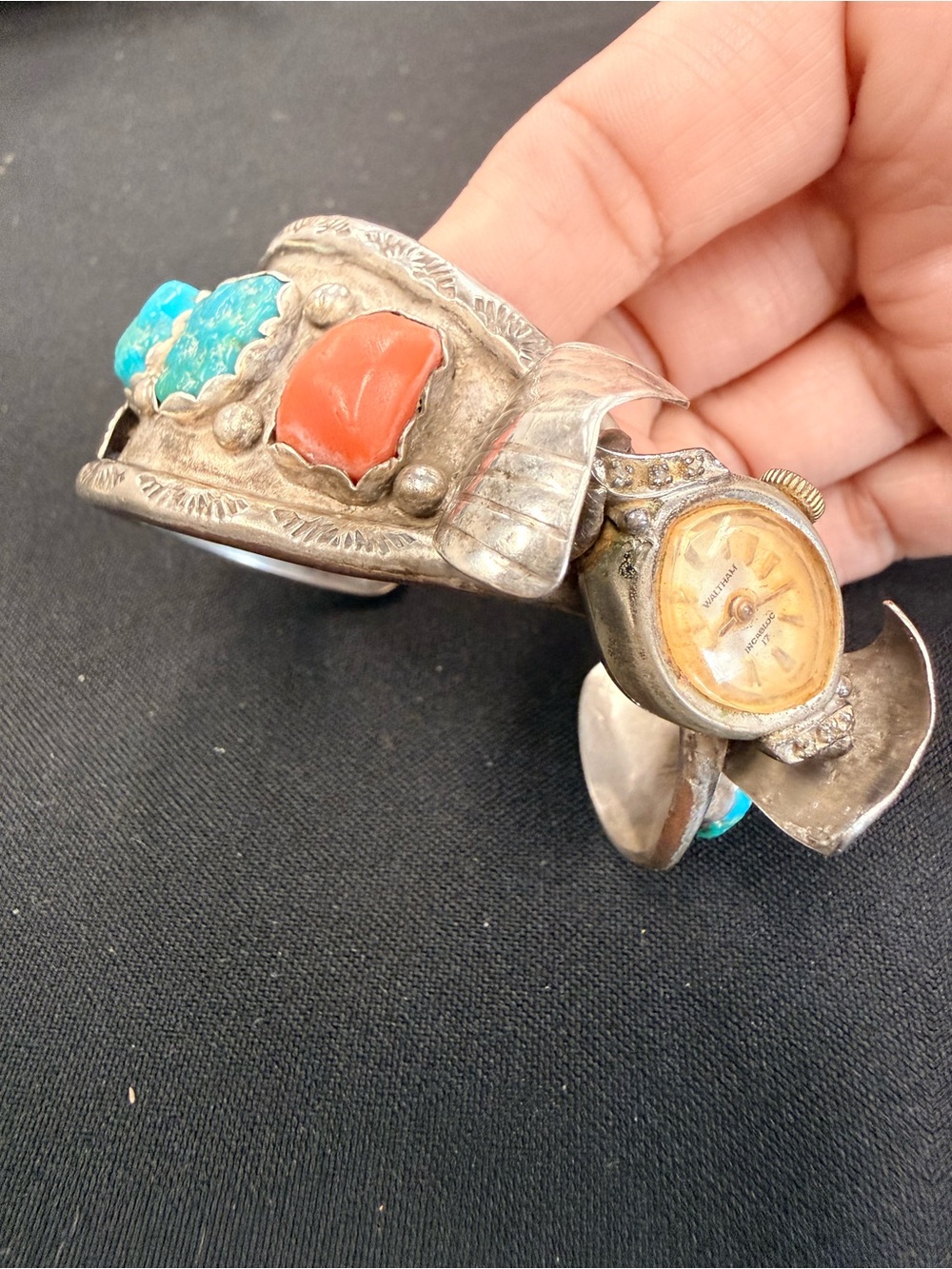 Old Pawn Vntg. Sterling Silver Turquoise & Coral Watch Cuff Bracelet
